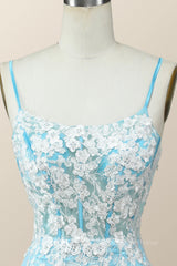 Party Dresses Night, Blue and White Floral Embroidered Tight Mini Dress