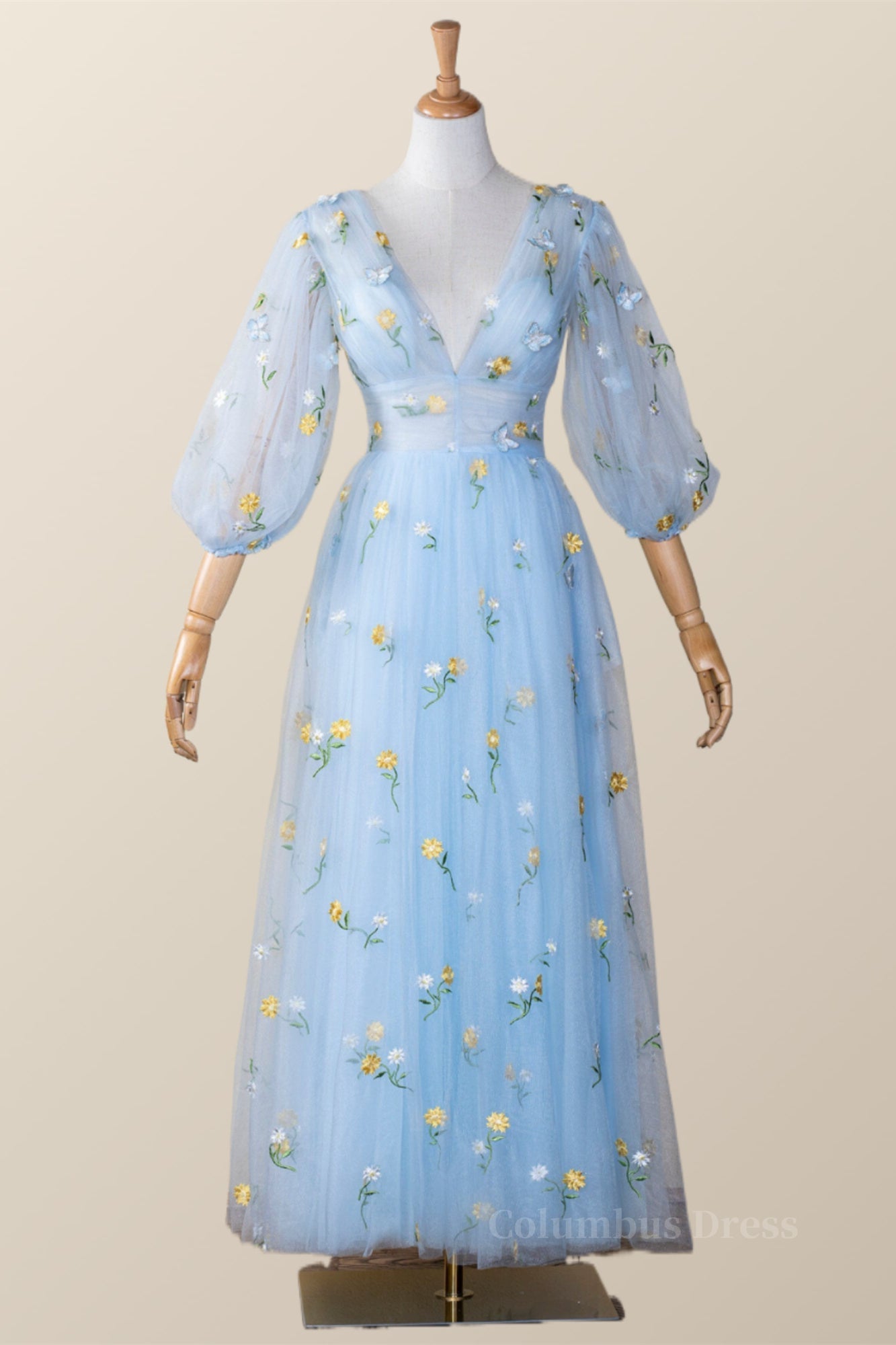 Evening Dresses For Wedding Guest, Blue and Yellow Daisy Floral Tea Length Dress