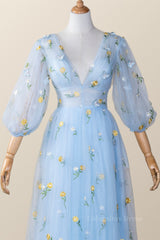Evening Dresses Off The Shoulder, Blue and Yellow Daisy Floral Tea Length Dress