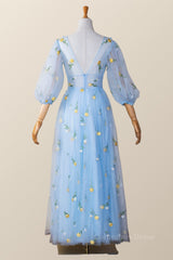 Evening Dresses Midi, Blue and Yellow Daisy Floral Tea Length Dress
