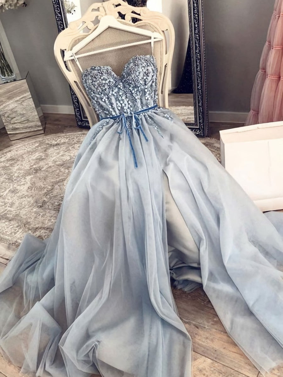 Formal Dresses For Winter, Blue Beaded Long Prom Dresses, Sweetheart Neck Blue Long Formal Evening Dresses with Beadings