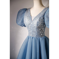 Formal Dress For Weddings Guest, Blue Beaded Tulle Short Sleeves Formal Dresses, Blue Homecoming Dress Prom Dress