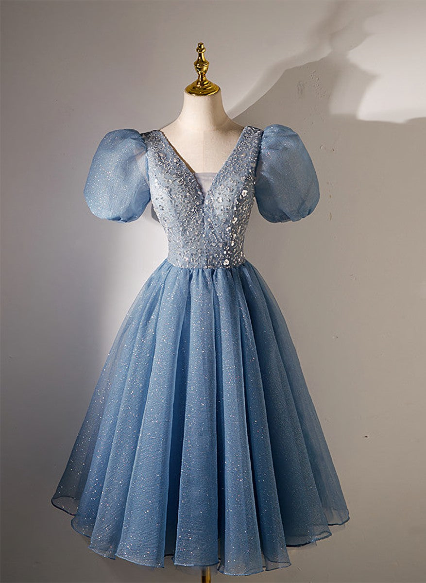 Formal Dress For Wedding Guest, Blue Beaded Tulle Short Sleeves Formal Dresses, Blue Homecoming Dress Prom Dress