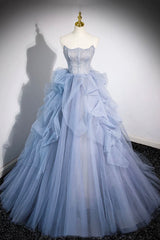 Prom Dress Silk, Blue Cascading Ruffles Long Prom Dresses, A-Line Strapless Short Sleeve Sweep Train Evening Dress