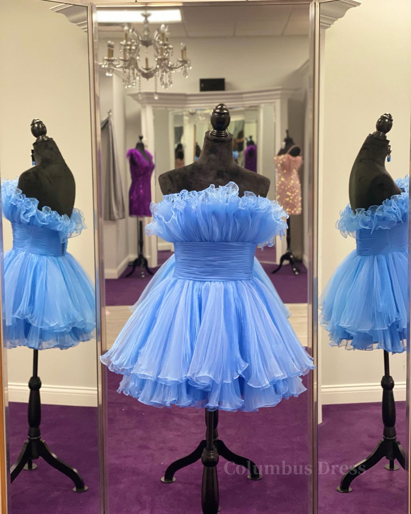 Prom Dresses Designs, Blue Fit and Flare Ruffles A-line Short Dress