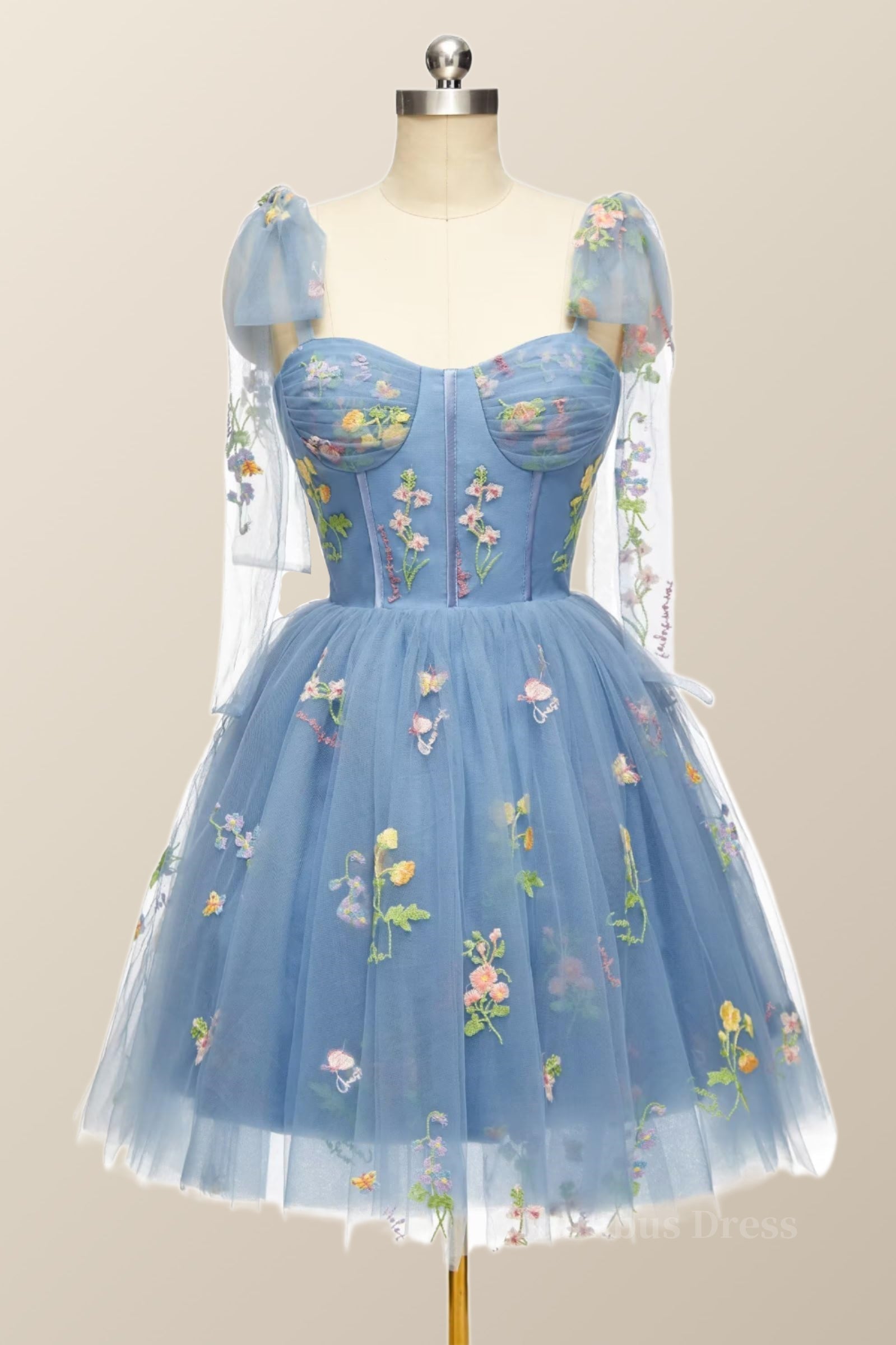 Prom Dress With Long Sleeves, Blue Floral Corset A-line Homecoming Dress with Tie Shoulders