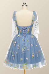 Prom Dresses With Long Sleeves, Blue Floral Corset A-line Homecoming Dress with Tie Shoulders