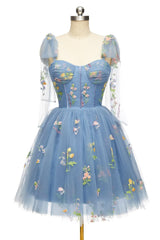 Prom Dress Casual, Blue Floral Corset A-line Homecoming Dress with Tie Shoulders