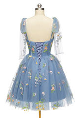 Prom Dresses Sale, Blue Floral Corset A-line Homecoming Dress with Tie Shoulders
