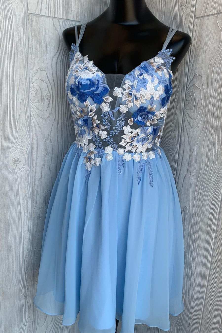 Prom Dresses For Teens, Blue Floral Embroidered A-line Short Homecoming Dresses