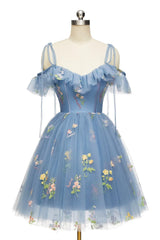 Prom Dress For Teens, Blue Floral Ruffle A-line Homecoming Dress