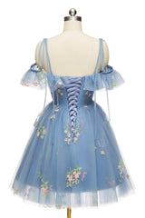 Prom Dress V Neck, Blue Floral Ruffle A-line Homecoming Dress