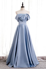 Evening Dress Designers, Blue Folded Strapless Satin Lace-Up Pearl Beaded Maxi Formal Dress with Pocket