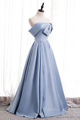 Evening Dress Designs, Blue Folded Strapless Satin Lace-Up Pearl Beaded Maxi Formal Dress with Pocket
