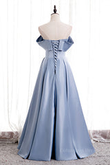 Evening Dress Designer, Blue Folded Strapless Satin Lace-Up Pearl Beaded Maxi Formal Dress with Pocket