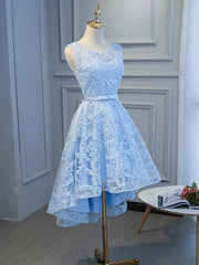 Formal Dress For Teen, Blue High Low Lace Prom Dresses, Blue High Low Lace Graduation Homecoming Dresses