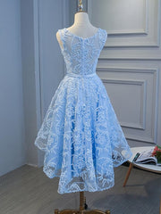 Formal Dresses For Teen, Blue High Low Lace Prom Dresses, Blue High Low Lace Graduation Homecoming Dresses