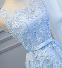 Formal Dress For Teens, Blue High Low Lace Prom Dresses, Blue High Low Lace Graduation Homecoming Dresses