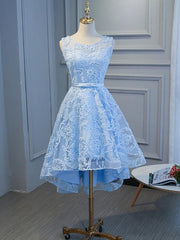 Formal Dress Vintage, Blue High Low Lace Prom Dresses, Blue High Low Lace Graduation Homecoming Dresses