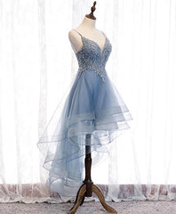 Homecoming Dresses Ideas, Blue High Low Tulle V-neckline Straps Party Dress with Lace, Cute Homecoming Dress