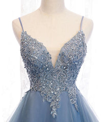 Homecoming Dresses Idea, Blue High Low Tulle V-neckline Straps Party Dress with Lace, Cute Homecoming Dress
