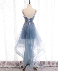Homecoming Dress Ideas, Blue High Low Tulle V-neckline Straps Party Dress with Lace, Cute Homecoming Dress