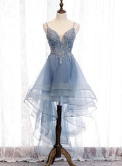 Homecoming Dresses Classy, Blue High Low Tulle V-neckline Straps Party Dress with Lace, Cute Homecoming Dress
