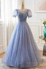 Black Bridesmaid Dress, Blue Illusion Neck Puff Sleeves A-line Sequined Long Prom Dress