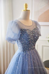 Purple Prom Dress, Blue Illusion Neck Puff Sleeves A-line Sequined Long Prom Dress