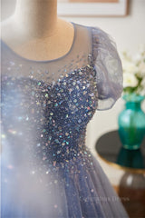 Homecoming Dress, Blue Illusion Neck Puff Sleeves A-line Sequined Long Prom Dress
