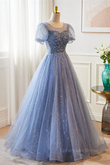 Satin Dress, Blue Illusion Neck Puff Sleeves A-line Sequined Long Prom Dress