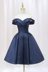 Prom Dresses For 20 Year Olds, Blue Knee Length Satin Short Prom Dress, Off the Shoulder Blue Homecoming Dress