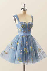 Prom Dresses Light Blue Long, Blue Knee Length Tulle Party Dress, Cute Blue  Floral Tulle Homecoming Dress