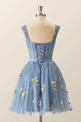 Prom Dress Long Sleeve Ball Gown, Blue Knee Length Tulle Party Dress, Cute Blue  Floral Tulle Homecoming Dress