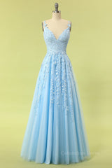 Bridesmaid Dresses Winter, Blue Lace Appliques A-line Long Formal Dress