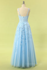 Bridesmaid Dresses Blush, Blue Lace Appliques A-line Long Formal Dress
