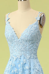 Bridesmaid Dresses Champagne, Blue Lace Appliques A-line Long Formal Dress