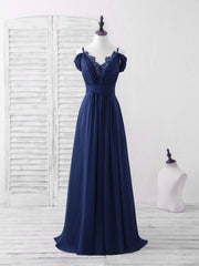 Beach Dress, Blue Lace Chiffon Long Prom Dress Blue Bridesmaid Dress
