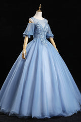 Formal Dress Gowns, Blue Lace Long A-Line Ball Gown, Blue Formal Party Dress