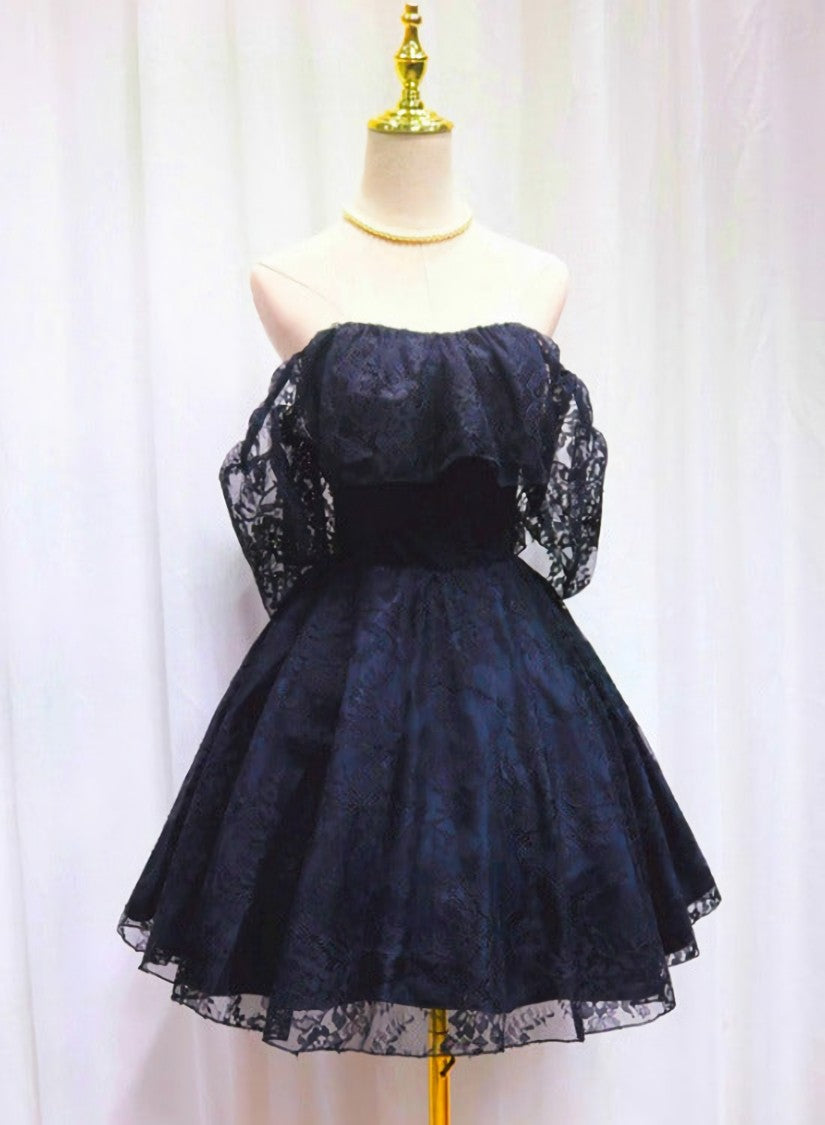 Homecoming Dresses Black Girl, Blue Lace Off Shoulder Short Party Dress, Blue Homecoming Dress Party Dresses