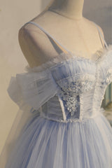 Homecoming Dress Classy, Blue Lace Short A-Line Prom Dress, Blue Spaghetti Straps Homecoming Party Dress