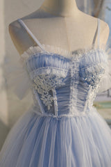 Homecoming Dresses Classy, Blue Lace Short A-Line Prom Dress, Blue Spaghetti Straps Homecoming Party Dress