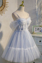 Homecoming Dresses Ideas, Blue Lace Short A-Line Prom Dress, Blue Spaghetti Straps Homecoming Party Dress
