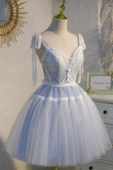 Evening Dress For Party, Blue Lace Short A-Line Prom Dress, Cute V-Neck Homecoming Party Dress