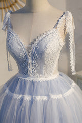 Evening Dress For Weddings, Blue Lace Short A-Line Prom Dress, Cute V-Neck Homecoming Party Dress