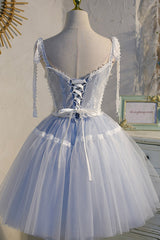 Evening Dress For Wedding, Blue Lace Short A-Line Prom Dress, Cute V-Neck Homecoming Party Dress
