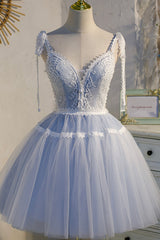 Evening Dresses For Party, Blue Lace Short A-Line Prom Dress, Cute V-Neck Homecoming Party Dress
