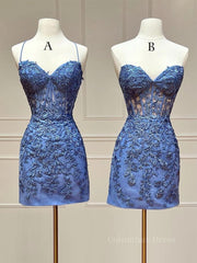 Short Dress, Blue Lace Short Prom Dress, Blue Homecoming Dress