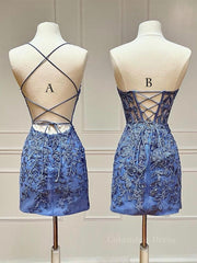 Quince Dress, Blue Lace Short Prom Dress, Blue Homecoming Dress