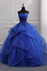 Formal Dress For Teen, Blue Lace Strapless Ball Gown Formal Dress, Blue Long Sweet 16 Dress